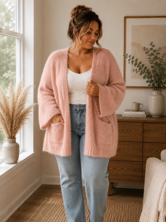 Handmade Sweaters - Handmade Oversized Blush Pink Fuzzy Cardigan | Angora | Open Front Sweater